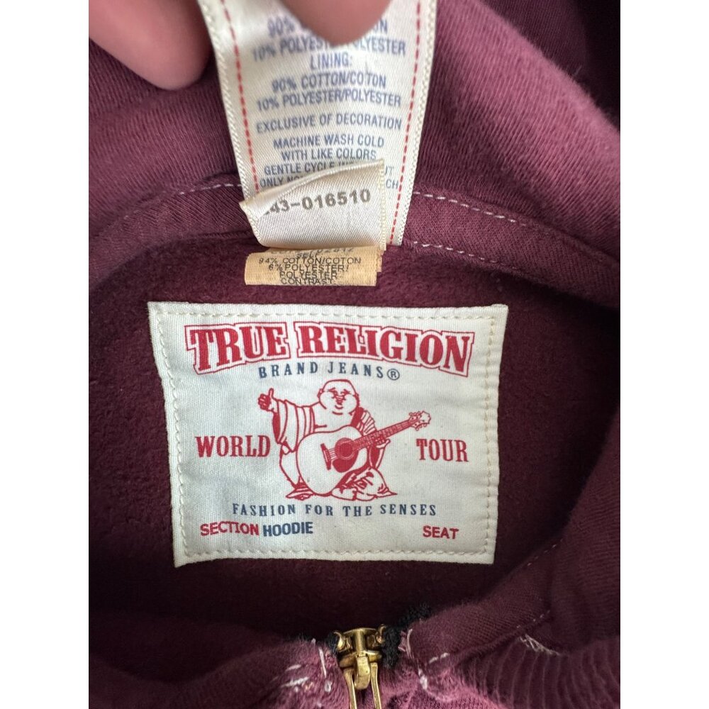 True Religion Mens XXL Maroon Hoodie Jacket Flatlock Zip LA 1956 Captain Graphic - Picture 9 of 15